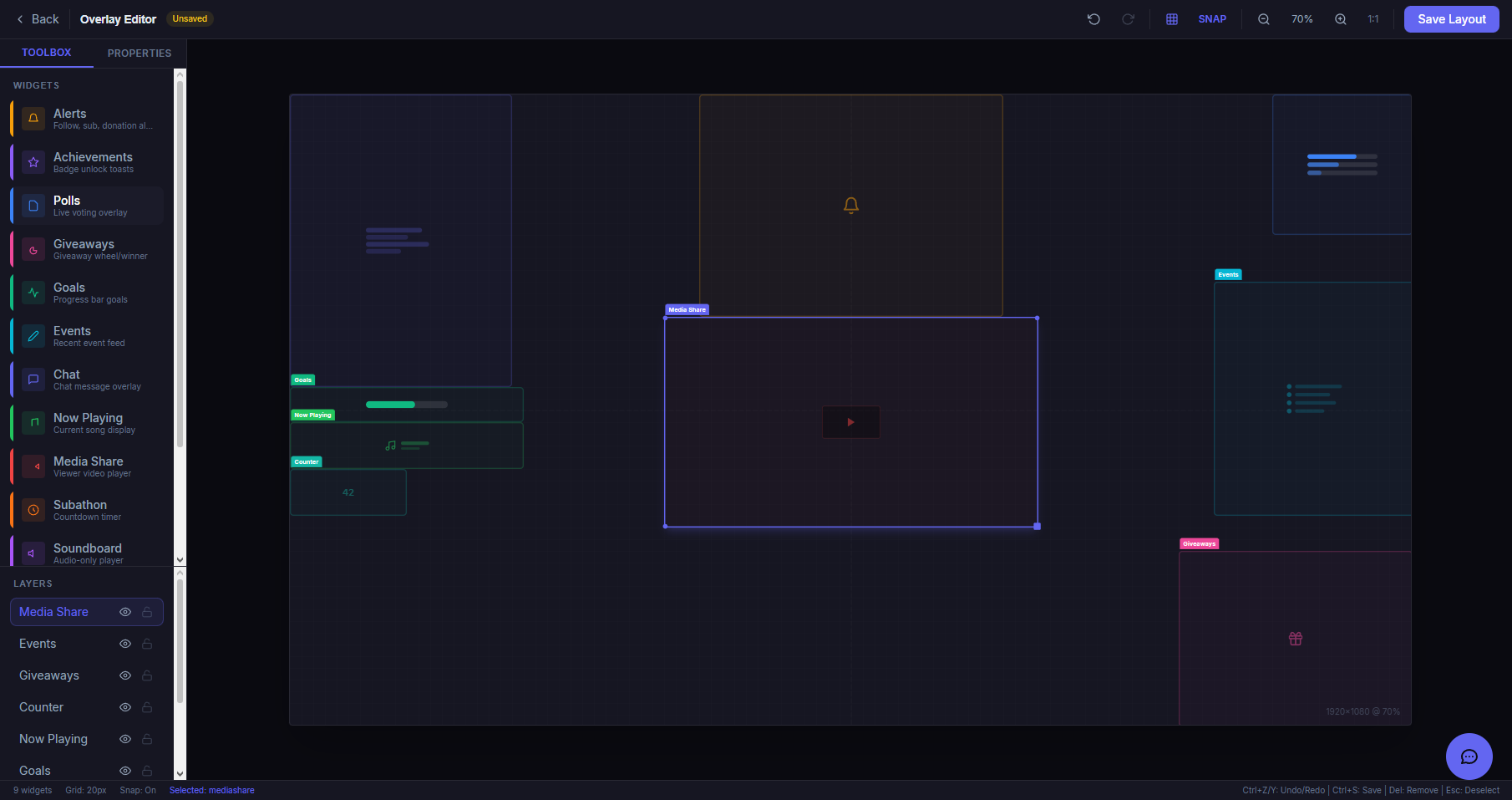 The EmberForged overlay editor with a live preview of alerts and widgets